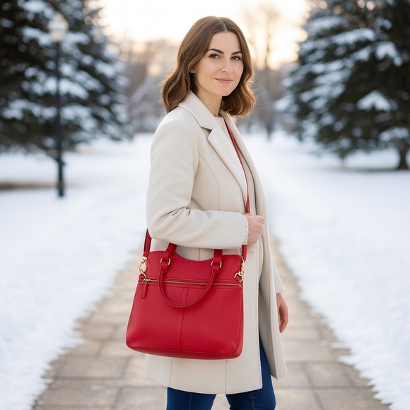 Fossil Handbags - Fossil Erin Red Leather Foldover Crossbody Tote Bag Pockets Adjustable Strap